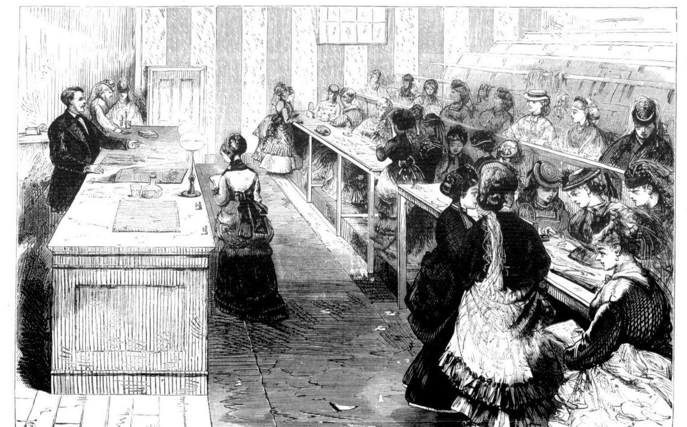 Grabado de una clase en la escuela de telegrafía de Melbourne, 1872