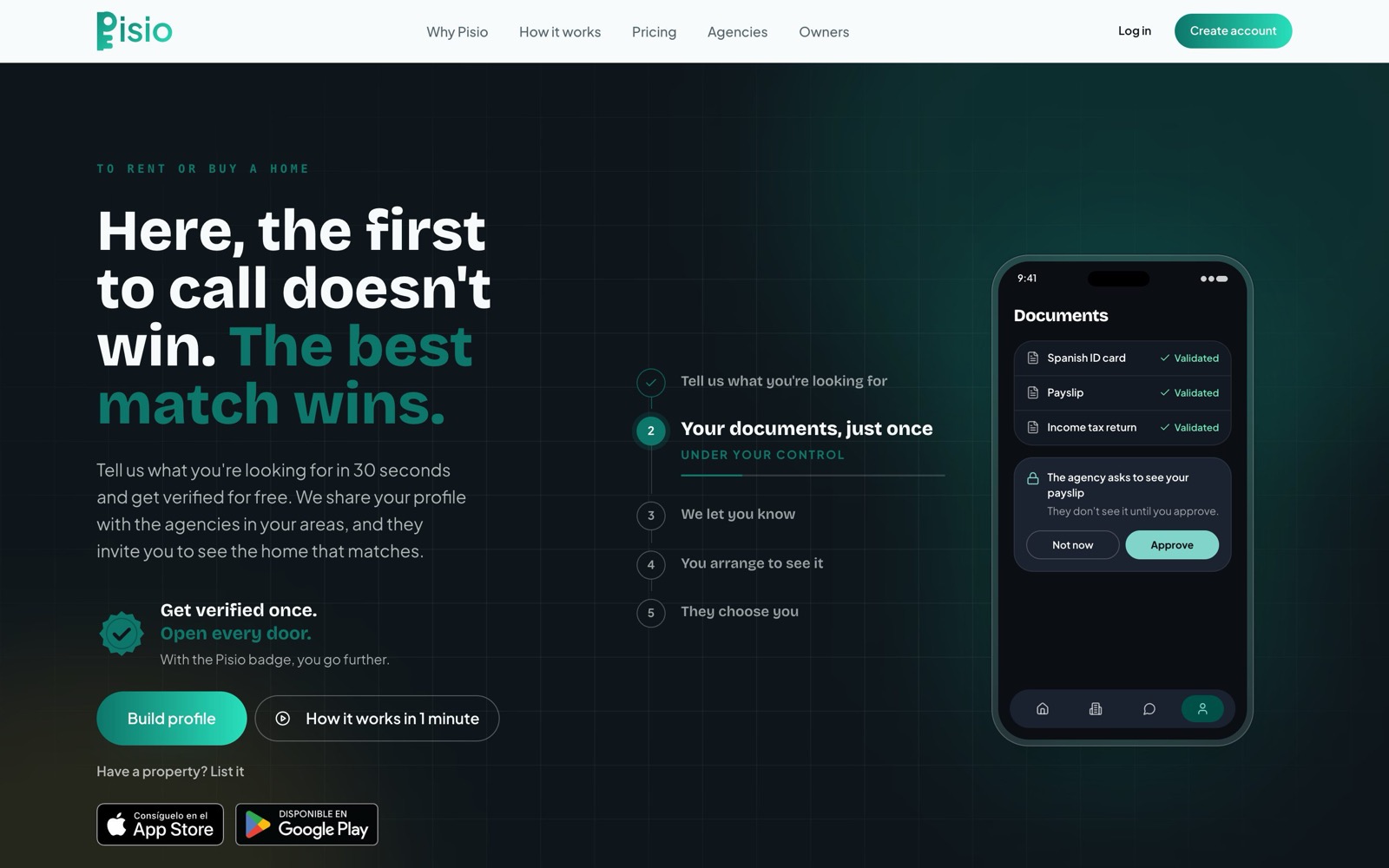 The pisioapp.com home page, next to the app's validated documents screen