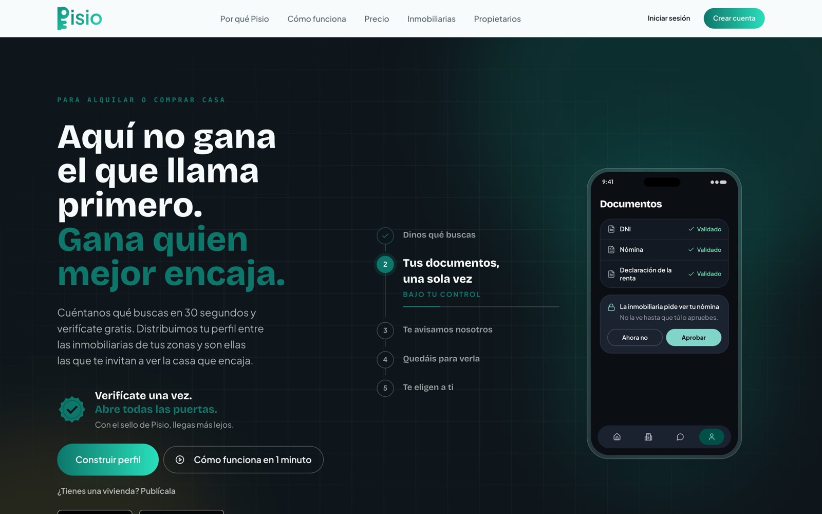 Portada de pisioapp.com, con la pantalla de documentos validados de la app